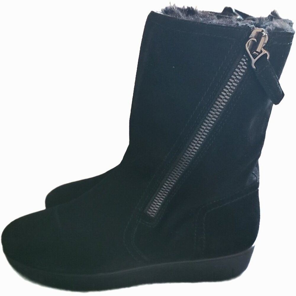 Aquatalia 6 Faux Fur Shearling Lined Wanita Black Suede Platform Ankle Boots